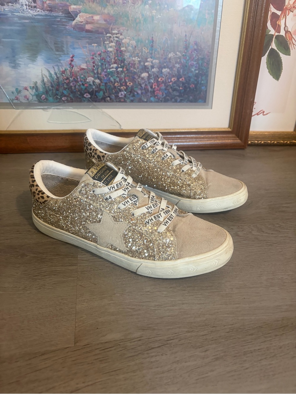 Vintage Havana Gold Glitter Star Sneakers with Leopard Heel
